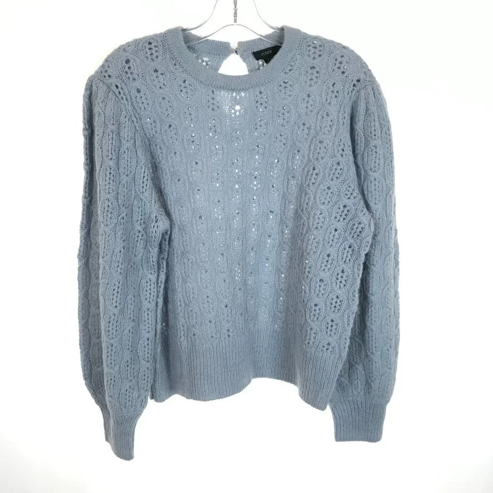 Womens Size Large J. Crew Blue Balloon Sleeve Alpaca Wool Cable Knit Sweater